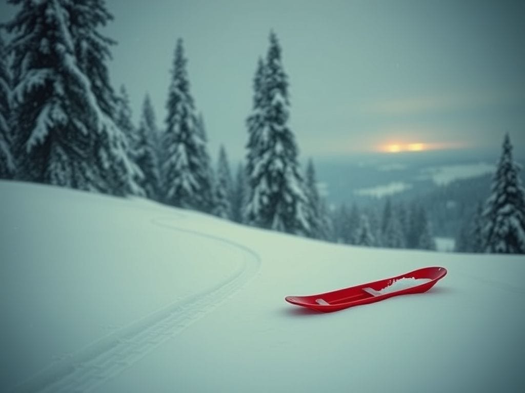 Flick International Snowy hill with sled tracks and a red sled, symbolizing youth and remembrance