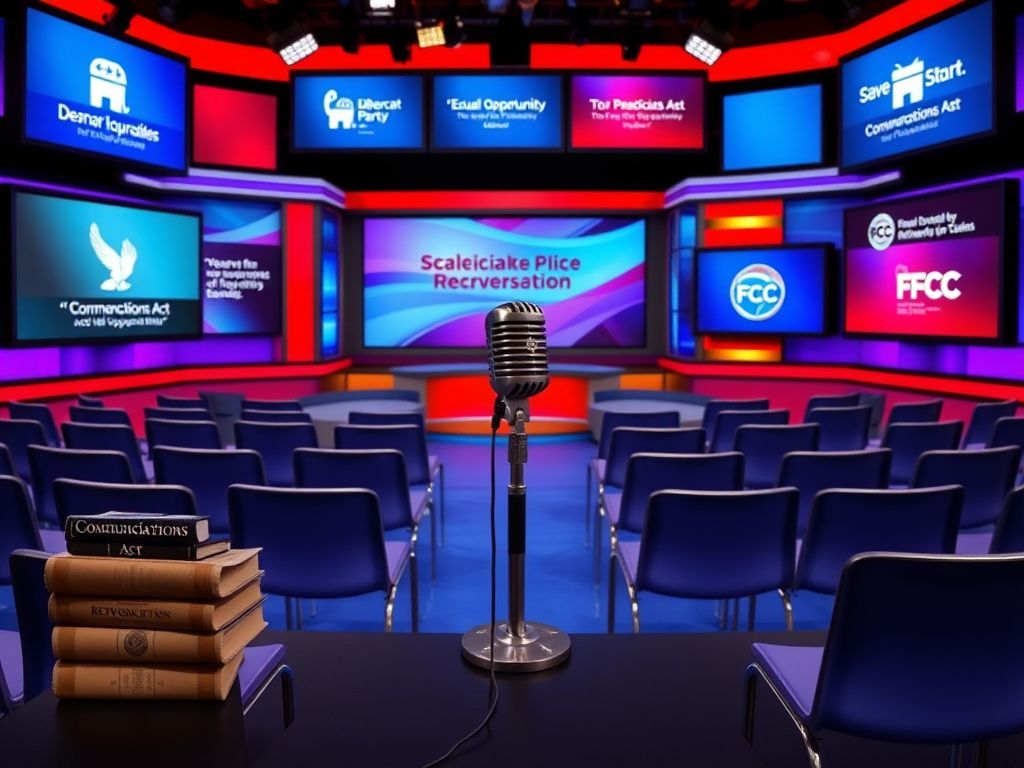Flick International Colorful television studio set with empty chairs and a central microphone, symbolizing political conversation