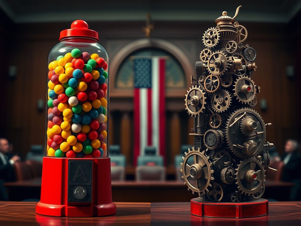 Flick International Abstract representation of a gumball machine and intricate gears symbolizing a political clash