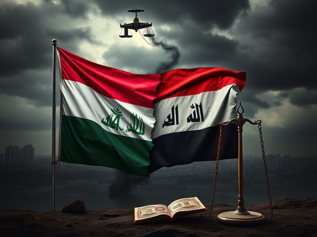 Flick International A moody landscape showcasing a split Iraqi flag, symbolizing political turmoil in Iraq.
