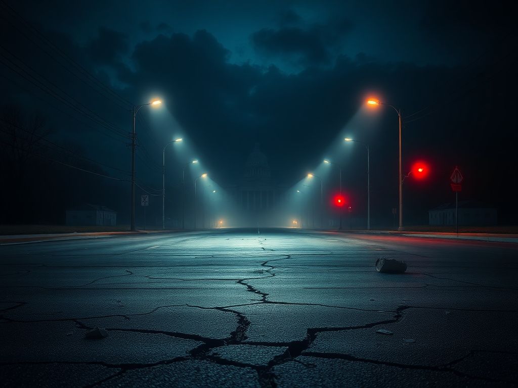 Flick International A dark, empty street at night symbolizing unrest and disorder