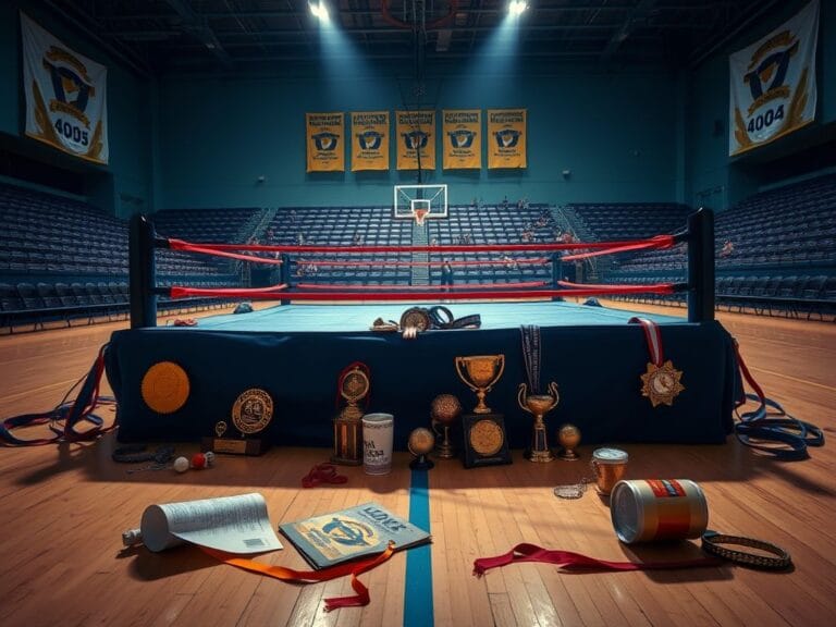 Flick International Wrestling ring amidst trophies and a crumpled program in a dynamic tournament setting