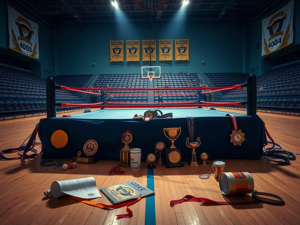 Flick International Wrestling ring amidst trophies and a crumpled program in a dynamic tournament setting