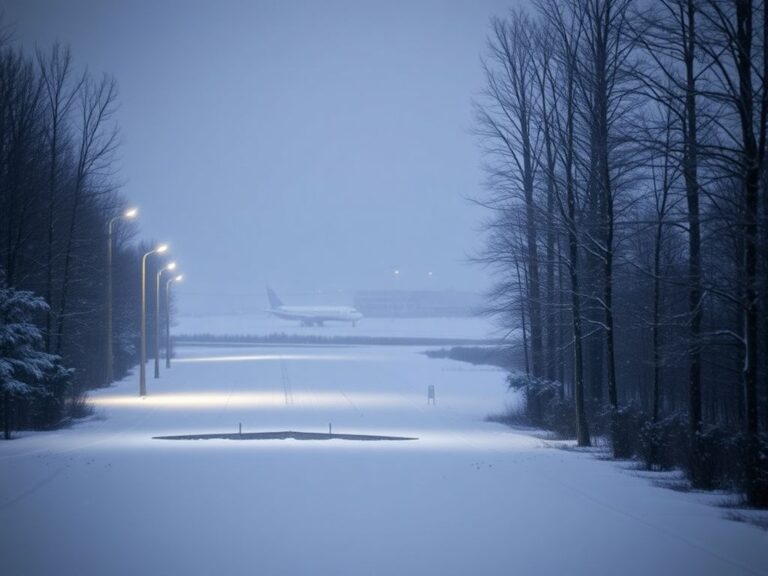 Flick International Snow-covered runway at Bangor International Airport with a distant airplane wreckage