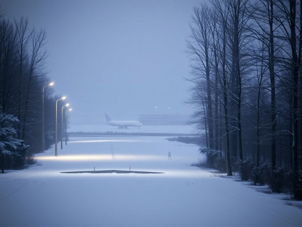 Flick International Snow-covered runway at Bangor International Airport with a distant airplane wreckage