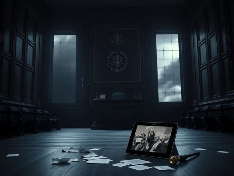 Flick International Dark and somber courtroom interior with ornate judge's bench and symbols of justice.