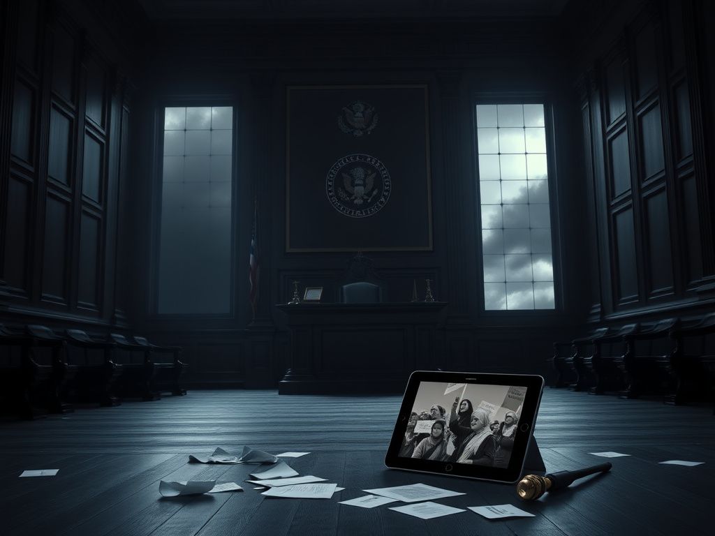 Flick International Dark and somber courtroom interior with ornate judge's bench and symbols of justice.