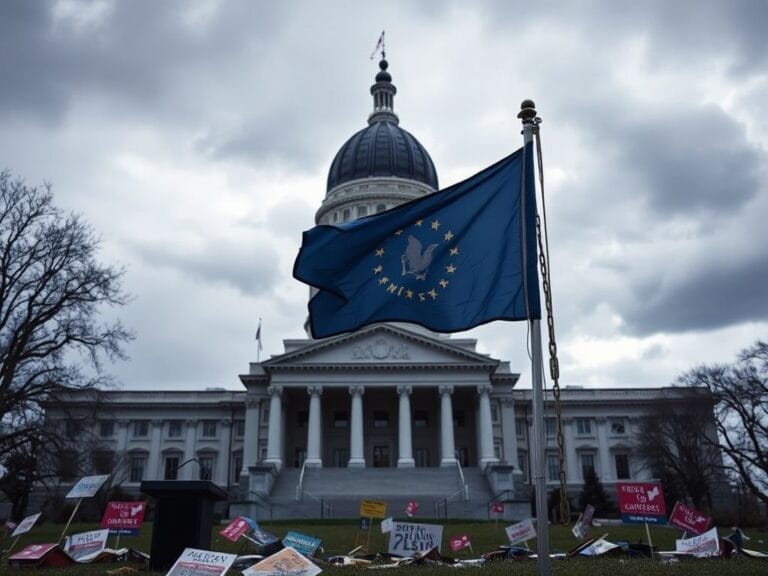 Flick International Dramatic view of the Minnesota State Capitol building with a weathered state flag in the foreground