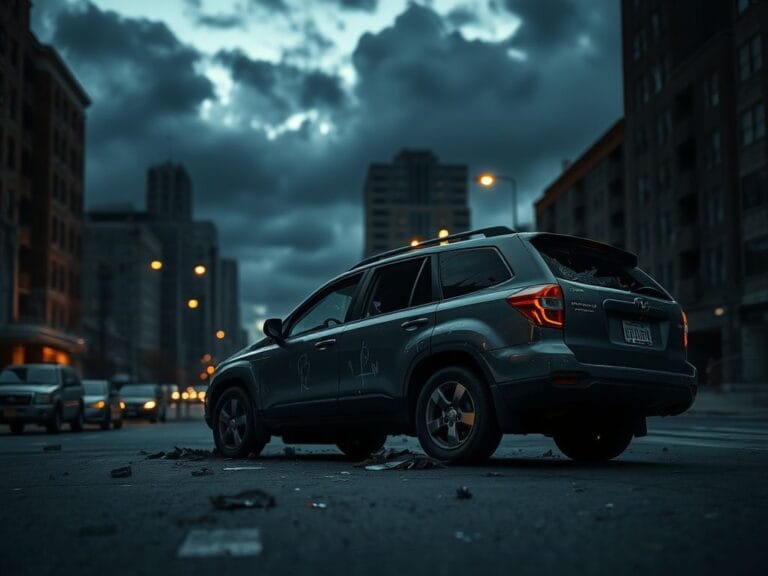 Flick International Damaged SUV parked on a deserted street at dusk