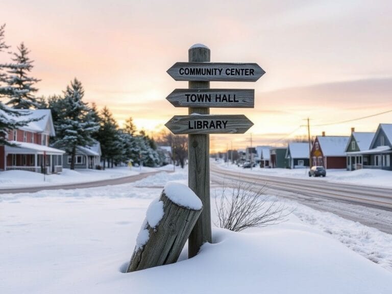 Flick International Serene winter landscape of a snow-covered Maine town with a weathered signpost.