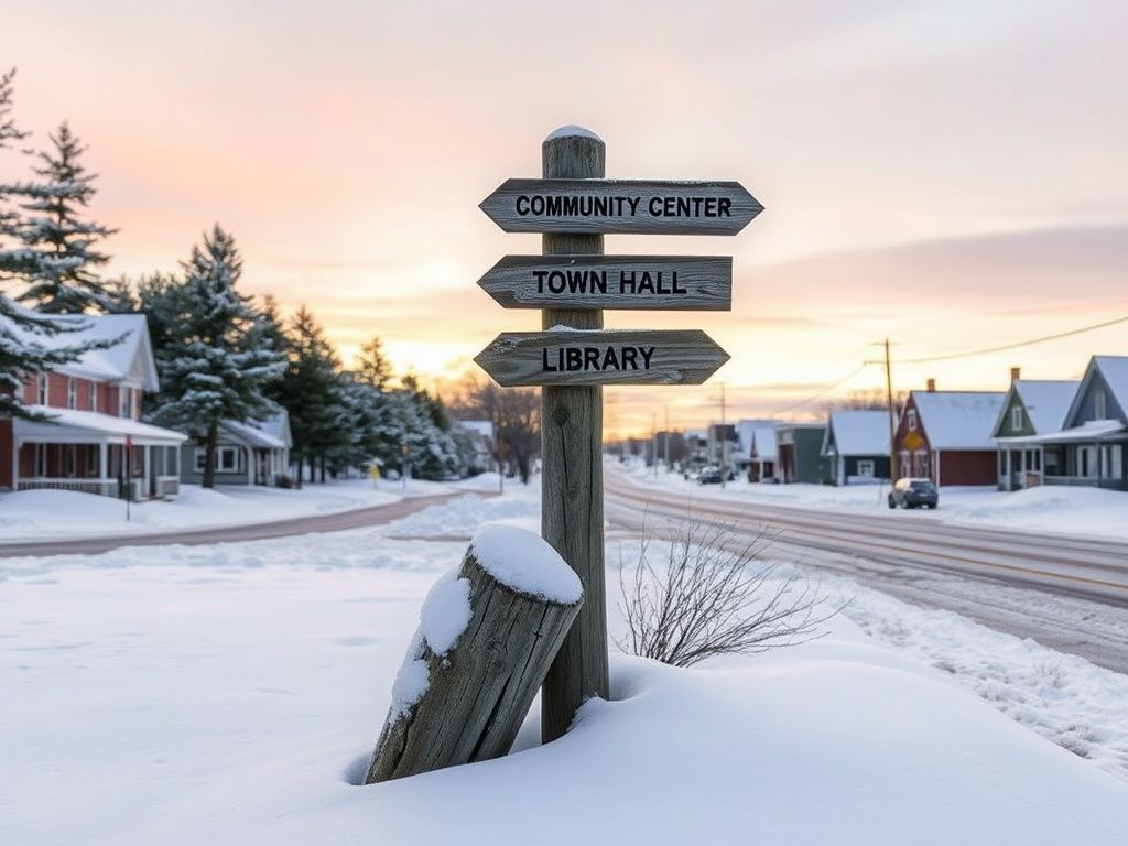 Flick International Serene winter landscape of a snow-covered Maine town with a weathered signpost.
