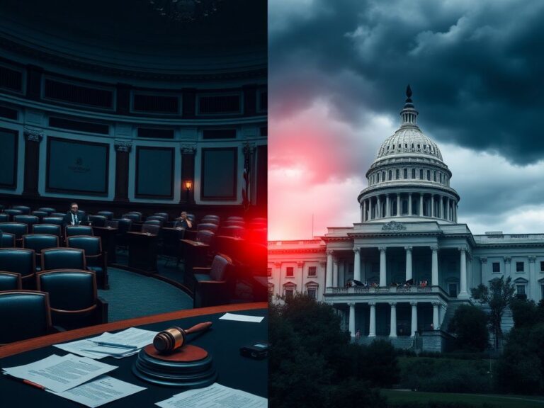 Flick International Split image depicting political tension with a Senate chamber and a government building under storm clouds