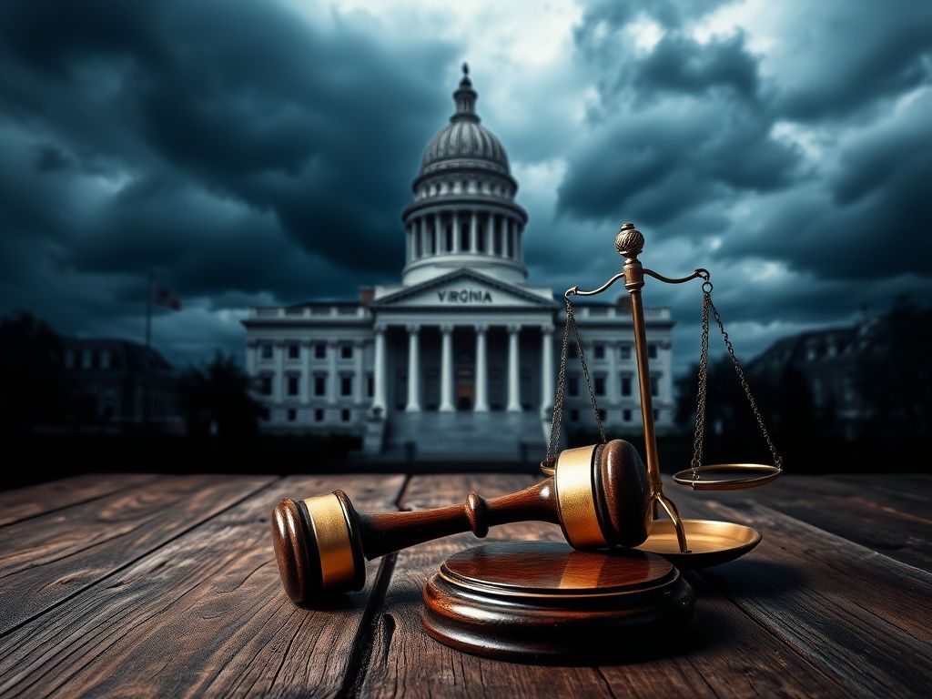 Flick International Dramatic image of the Virginia State Capitol building under dark storm clouds symbolizing political turmoil.