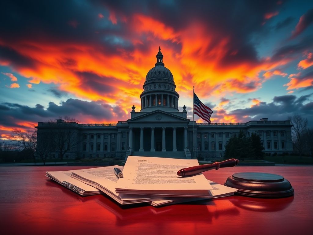 Flick International Dramatic sunset over the Minnesota State Capitol building with legal documents and gavel