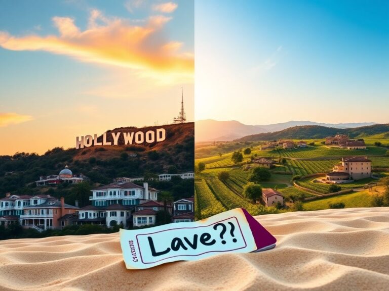 Flick International A split landscape contrasting Hollywood's vibrant cityscape and the serene Italian countryside