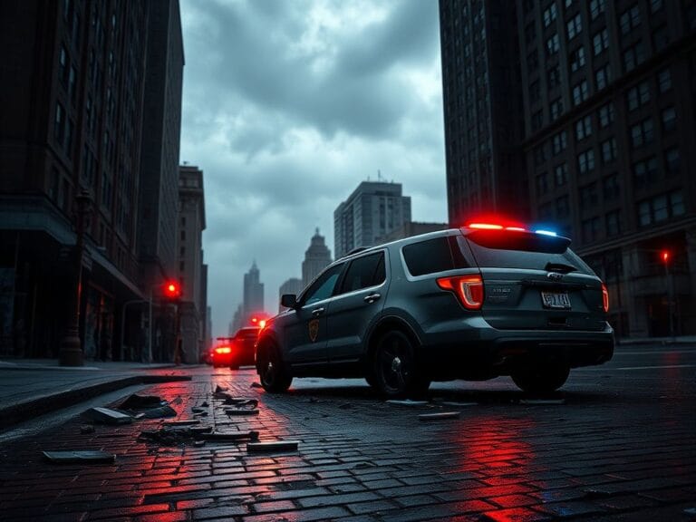 Flick International Tense urban scene depicting a damaged federal SUV in Minneapolis after a violent altercation