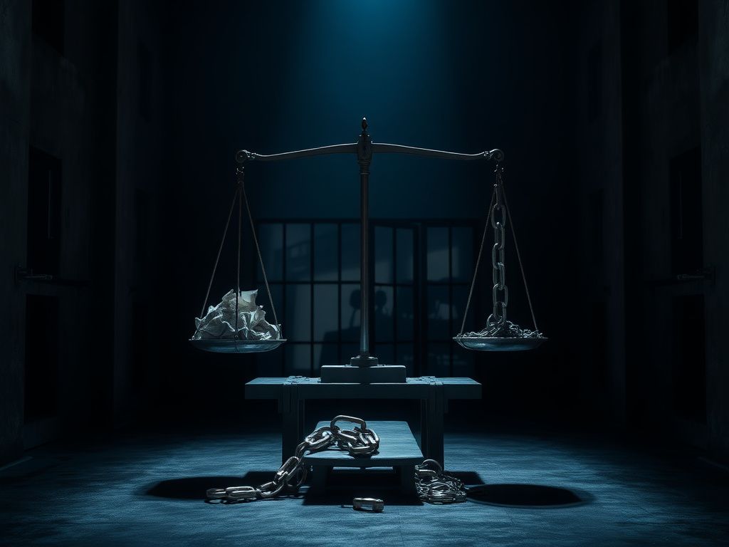 Flick International Empty execution gurney in a dimly lit chamber symbolizing justice and consequence