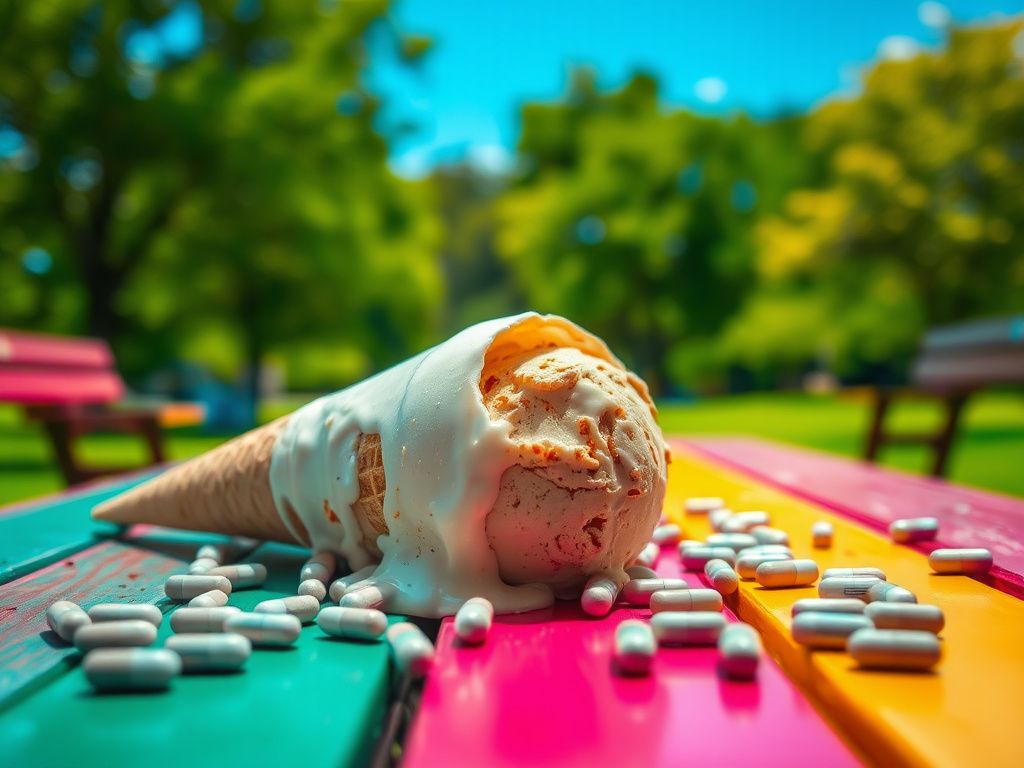 Flick International Close-up of an overturned ice cream cone with melting ice cream and scattered pills on a colorful picnic table