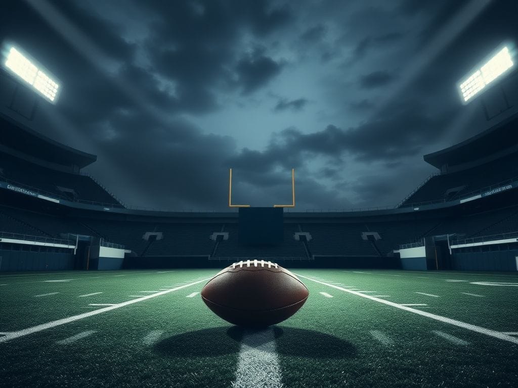 Flick International A polished football on the 50-yard line of a dark, empty football stadium illuminated by bright lights