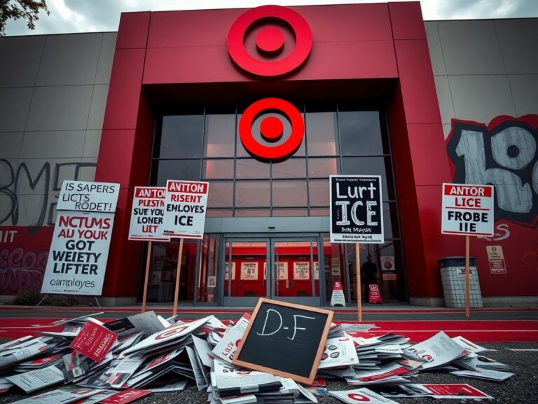 Flick International A vibrant Target store entrance decorated with bold anti-ICE protest signs and discarded flyers on the ground.