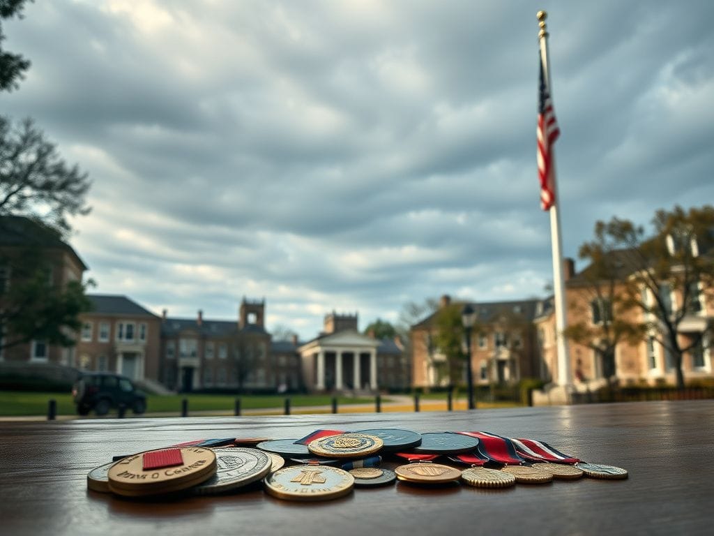 Flick International A panoramic view of the Virginia Military Institute campus showcasing historic stone buildings under a cloudy sky