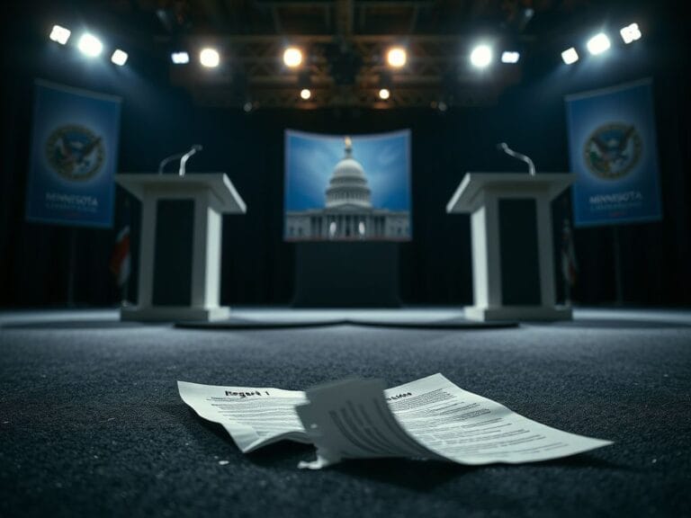 Flick International Empty debate stage with contrasting lighting and crumpled notes symbolizing political rivalry