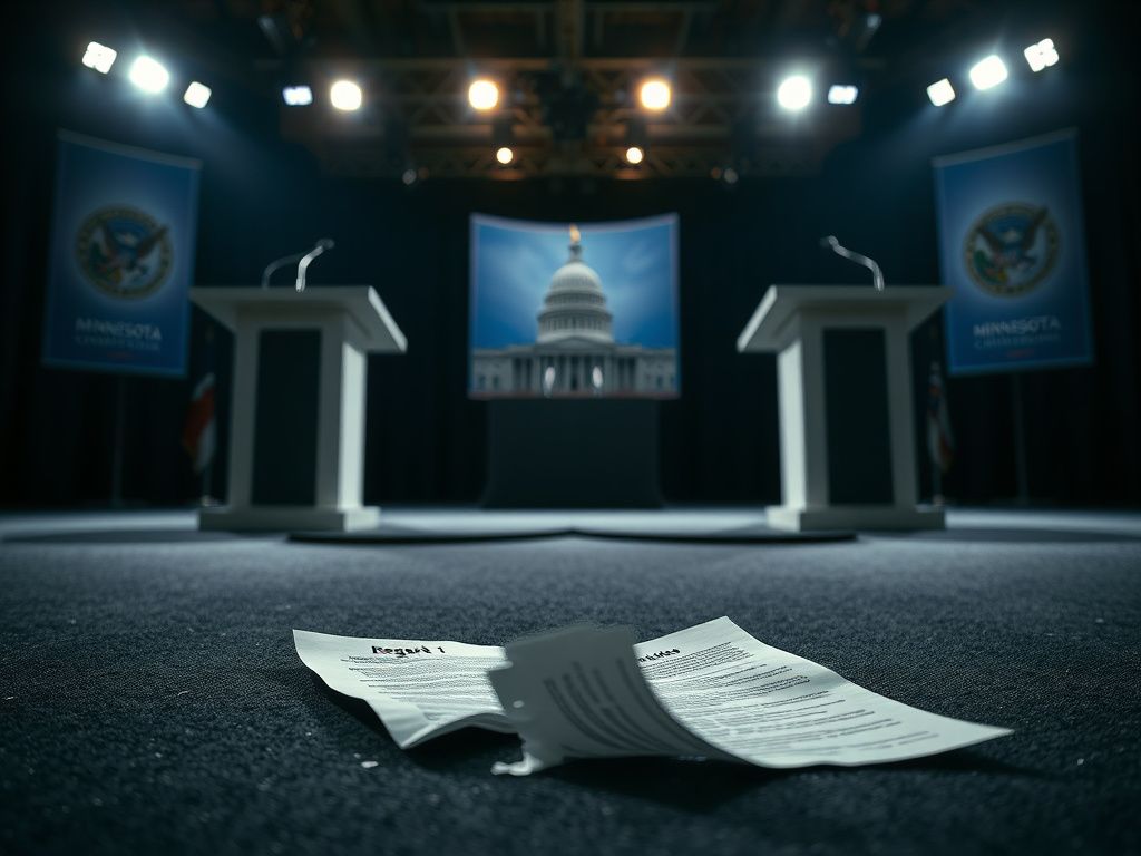 Flick International Empty debate stage with contrasting lighting and crumpled notes symbolizing political rivalry