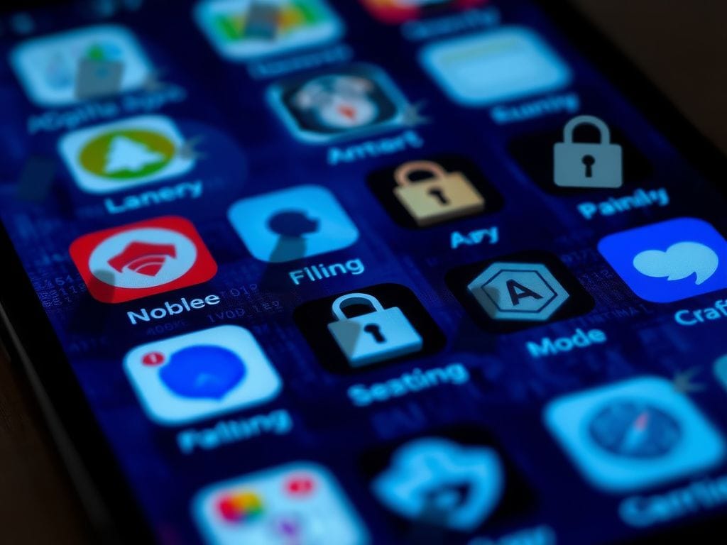 Flick International Close-up view of a smartphone screen with app icons obscured by digital haze, illustrating security flaws in iOS apps.