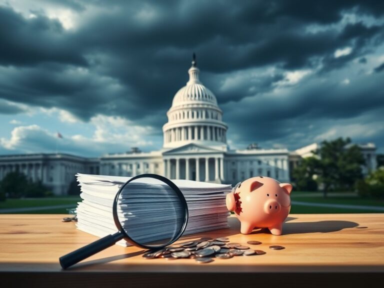 Flick International A large Capitol building with a stack of documents and a broken piggy bank symbolizing taxpayer fraud