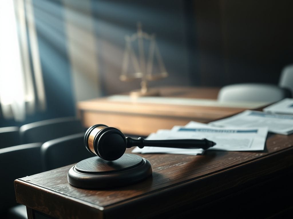 Flick International A dimly lit courtroom with a gavel on a worn bench, representing legal proceedings