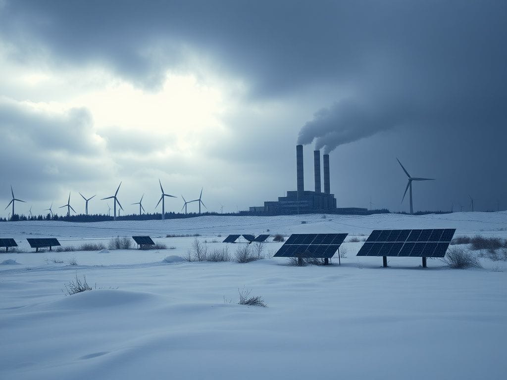 Flick International Snow-covered winter landscape with a coal-fired power plant and wind turbines