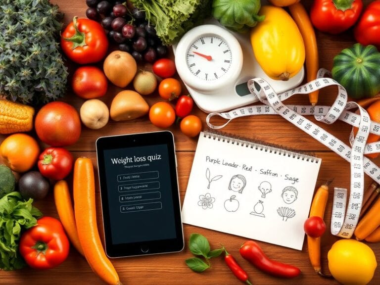 Flick International Vibrant flat lay of colorful fruits and vegetables with a digital weight-loss quiz and hand-drawn eating profile sketches