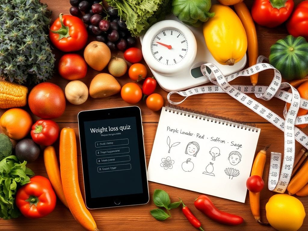 Flick International Vibrant flat lay of colorful fruits and vegetables with a digital weight-loss quiz and hand-drawn eating profile sketches