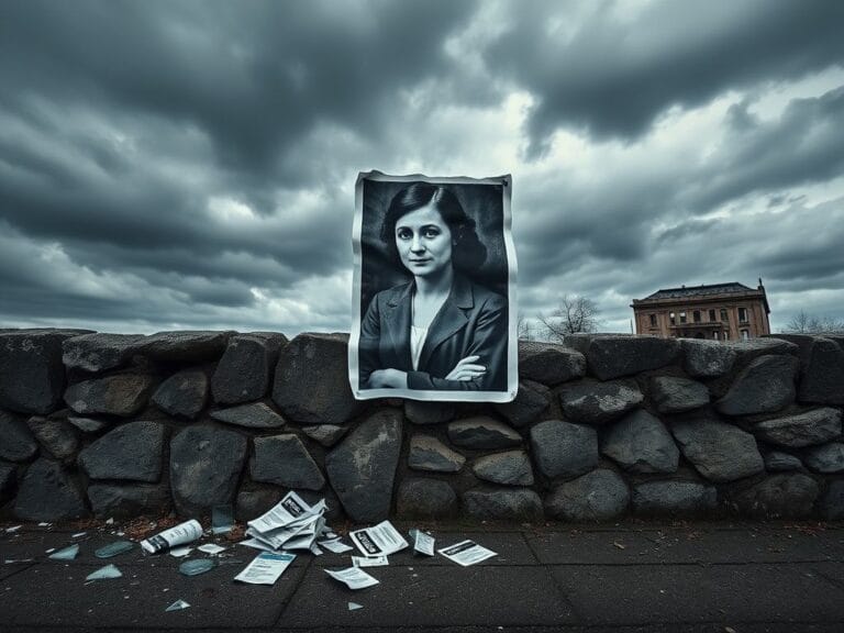 Flick International A weathered stone wall with a crumpled poster of Anne Frank against a dark sky