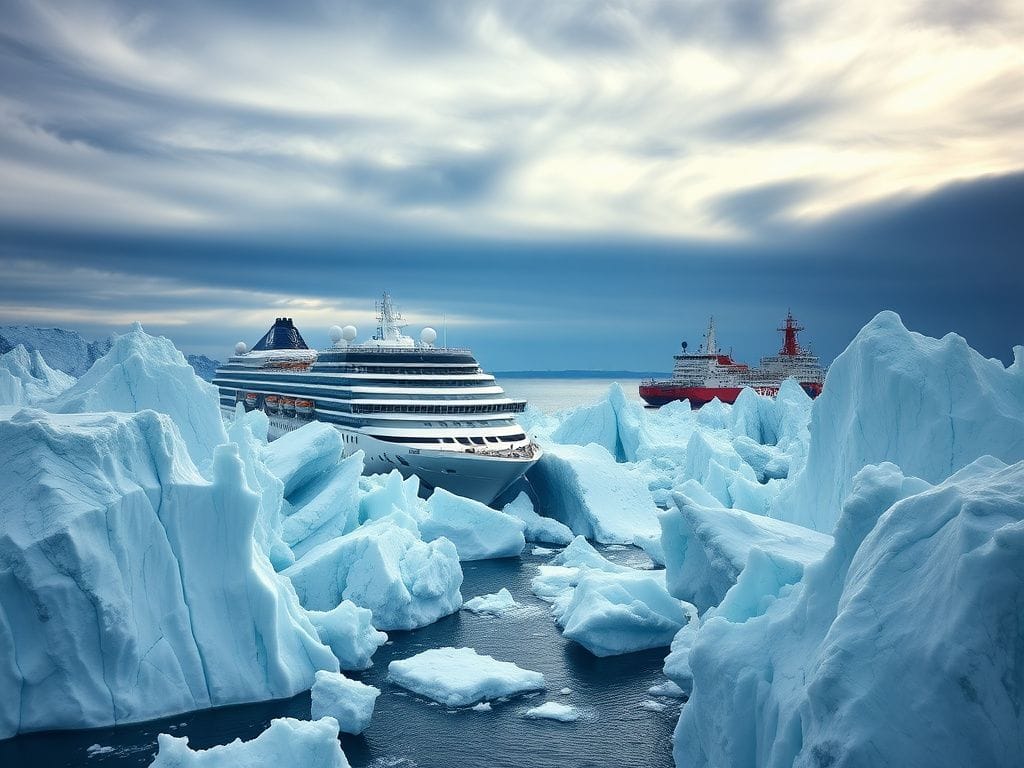 Flick International Large cruise ship stranded in jagged Antarctic ice with US Coast Guard icebreaker nearby