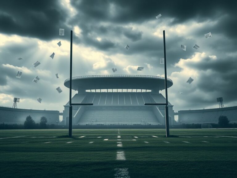 Flick International Stormy landscape with a weathered football field and goalposts symbolizing media scrutiny