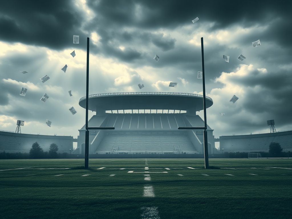 Flick International Stormy landscape with a weathered football field and goalposts symbolizing media scrutiny