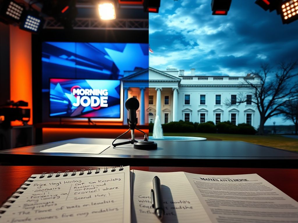 Flick International Split scene showing a television studio beside the White House, symbolizing media and politics