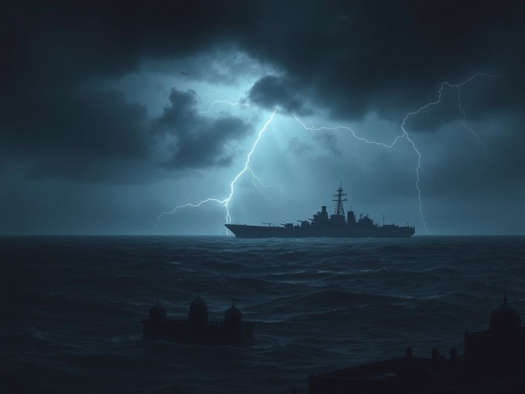 Flick International Dramatic landscape featuring a silhouette of a massive military ship against stormy skies, symbolizing U.S. naval presence in the Persian Gulf.