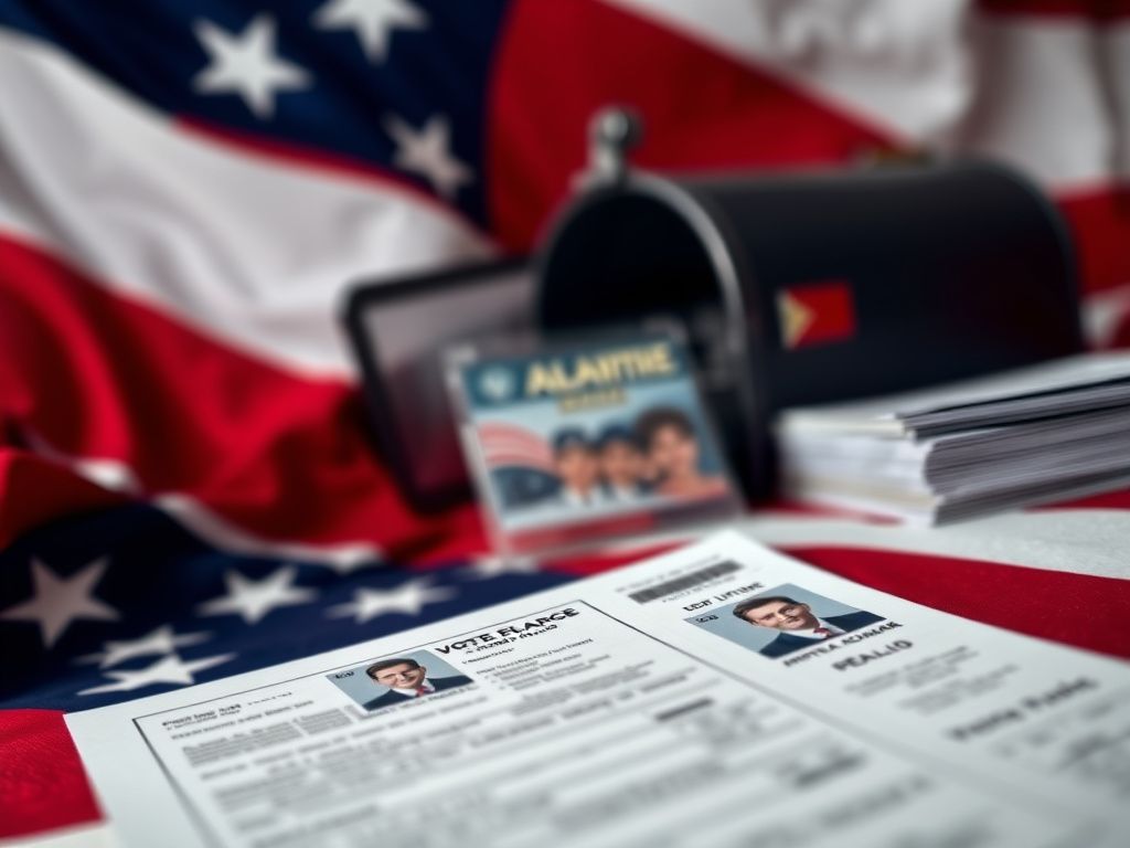 Flick International Close-up of a voting ballot against the American flag with a photo ID displayed