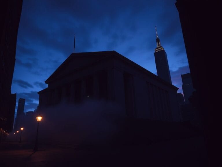 Flick International Dramatic urban landscape in Manhattan at dusk with courthouse