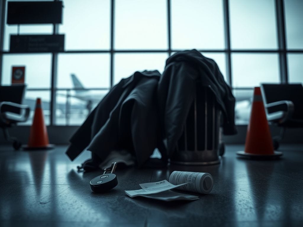 Flick International Empty airport terminal with scattered personal items