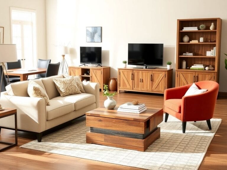 Flick International Stylish living room scene featuring a modern beige sofa, vibrant velvet barrel chair, and rustic wood coffee table.