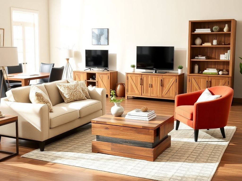 Flick International Stylish living room scene featuring a modern beige sofa, vibrant velvet barrel chair, and rustic wood coffee table.