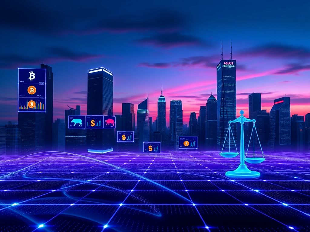 Flick International Futuristic city skyline at dusk with cryptocurrency symbols
