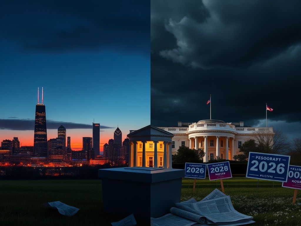Flick International Split-screen image depicting contrasting landscapes representing the political climate, with a Chicago skyline and a stormy White House