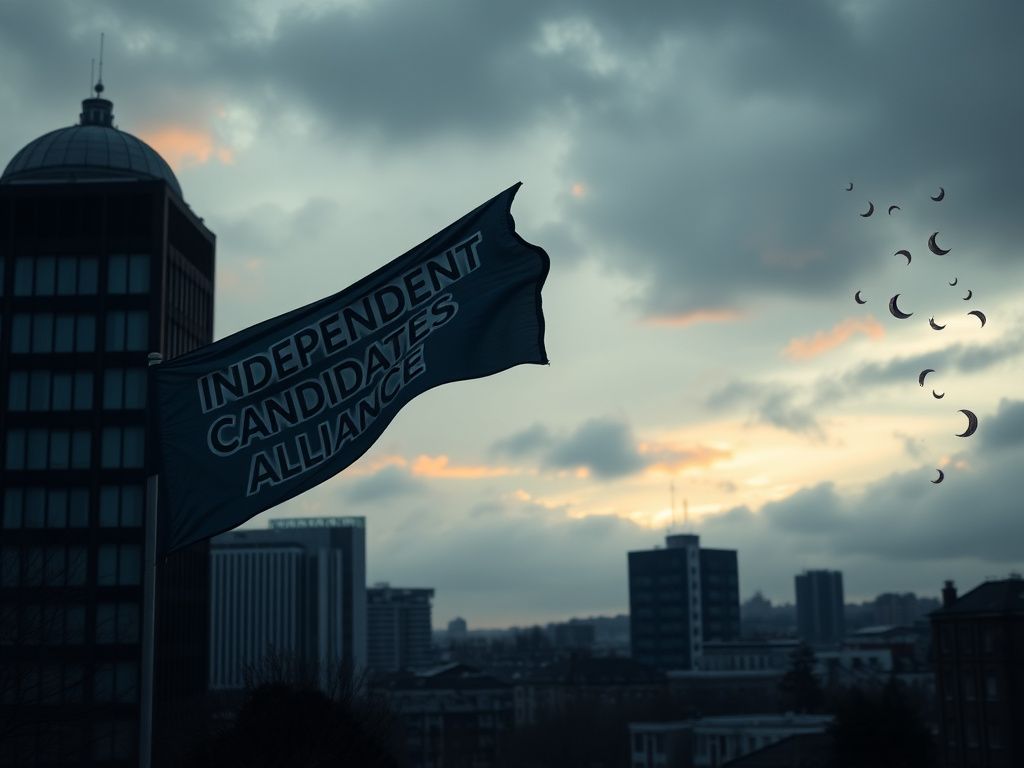 Flick International Moody urban landscape of Birmingham with iconic city council building and political banner