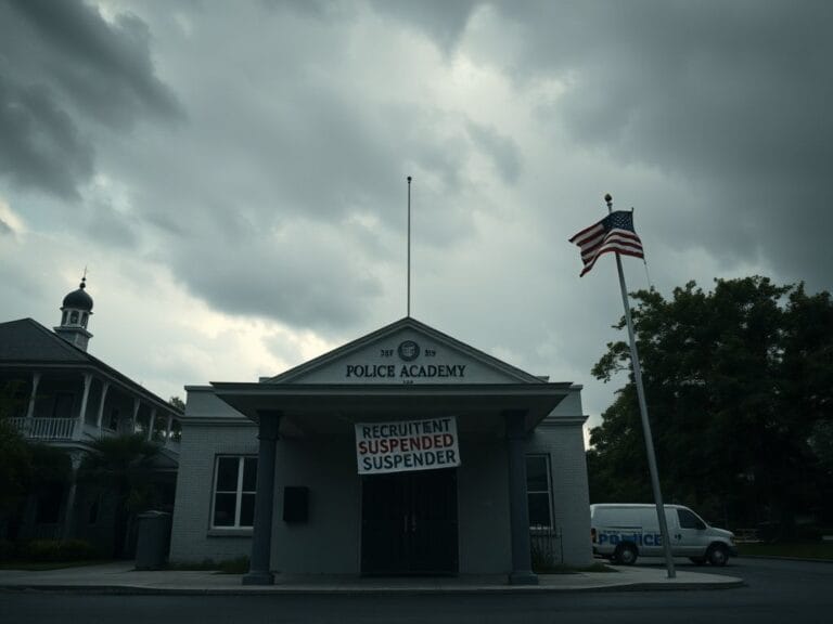 Flick International Somber New Orleans police academy building under cloudy sky with recruitment banners