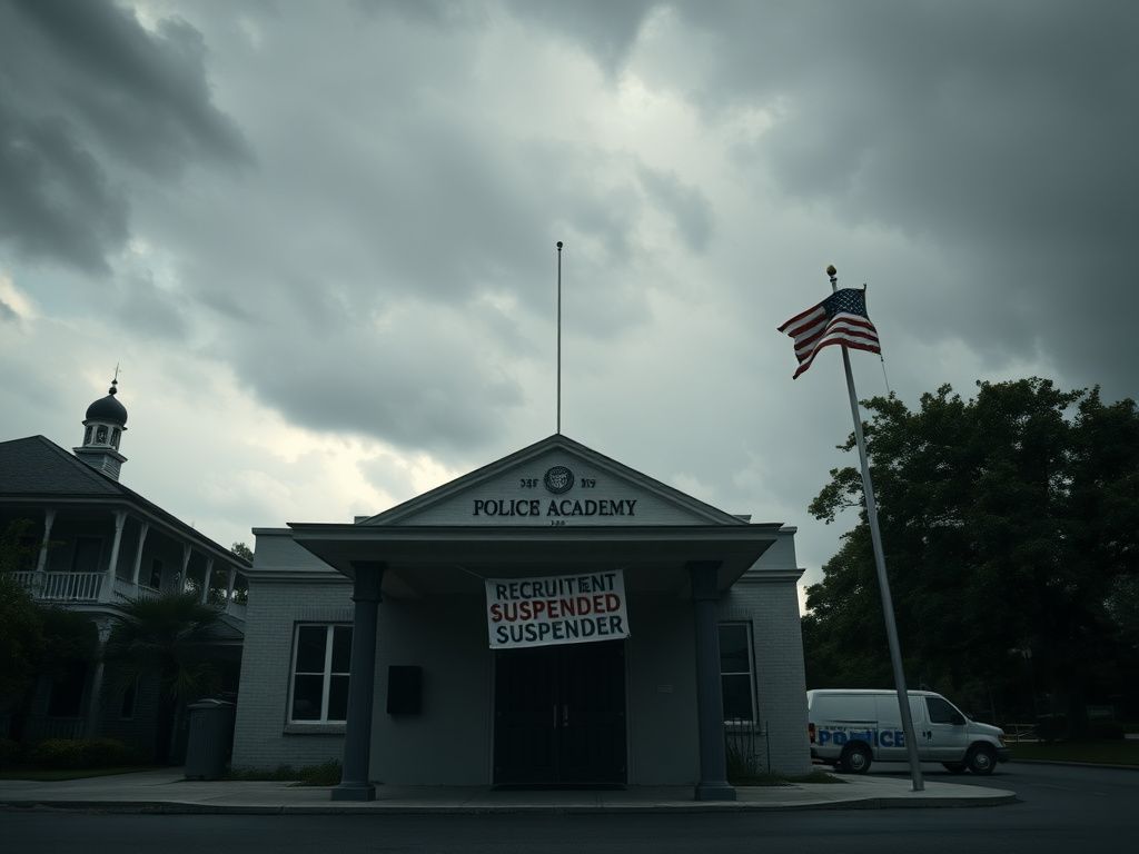 Flick International Somber New Orleans police academy building under cloudy sky with recruitment banners