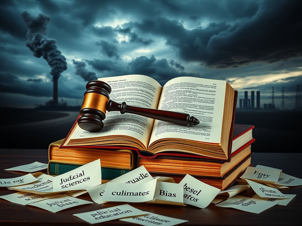 Flick International A gavel resting on law books with a backdrop of storm clouds and smokestacks